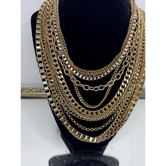 Unsigned Gold Tone Collar Bib Necklace Large Chain Link Multilayer - Picture 4 of 7